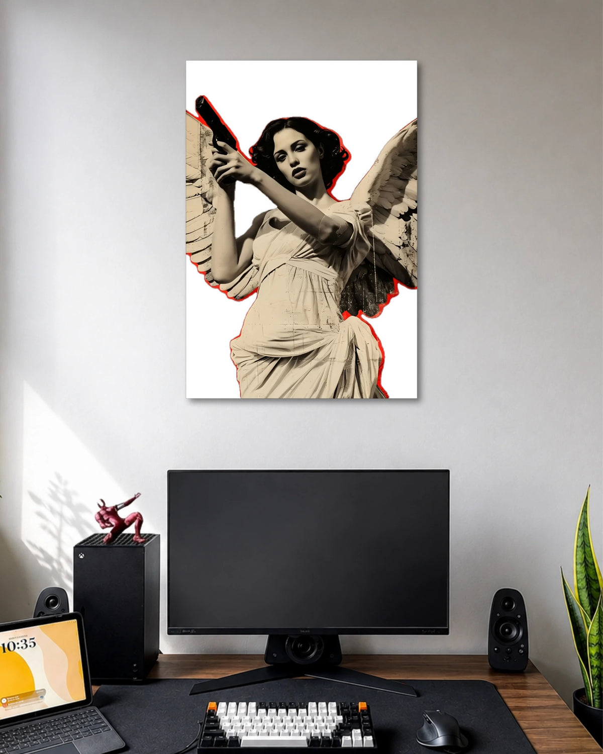 Angel Woman with Gun Vintage Art Poster poster design: A winged woman holding a gun takes centre stage in this vintage-inspired design. Sepia tones, textured feather details and a striking red outline create dramatic contrast against the white background. The composition brings an unconventional edge to your wall decor.