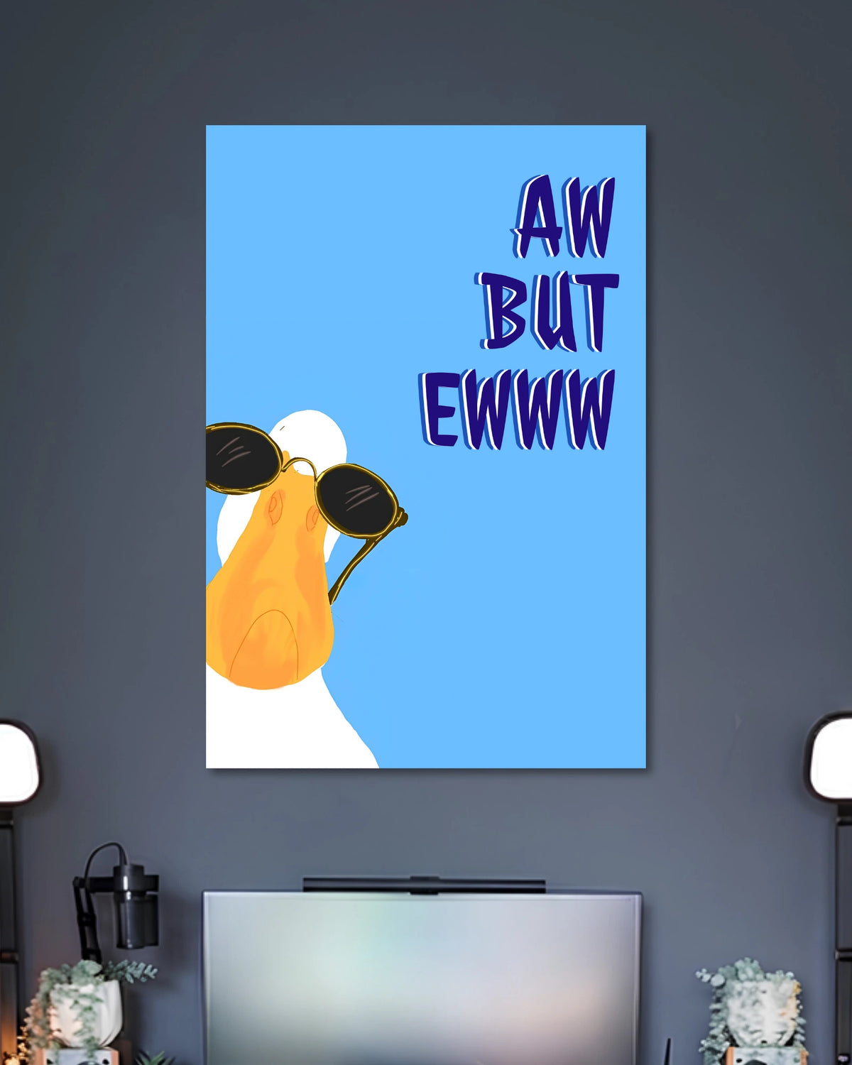 Aw But Ewww Funny Pear Poster poster design: A sunglasses wearing pear stands against a bright blue background alongside the phrase “Aw But Ewww.” The quirky illustration adds a playful pop culture touch to bedrooms, workspaces, and creative corners.