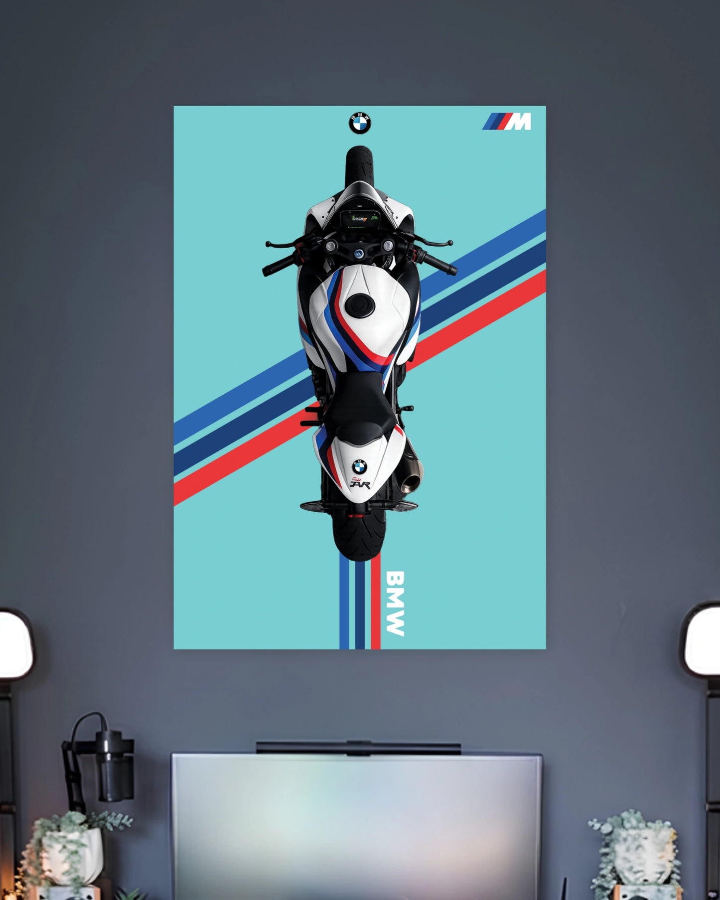 BMW S1000RR Motorcycle Poster wall poster displayed in a contemporary interior setting 2
