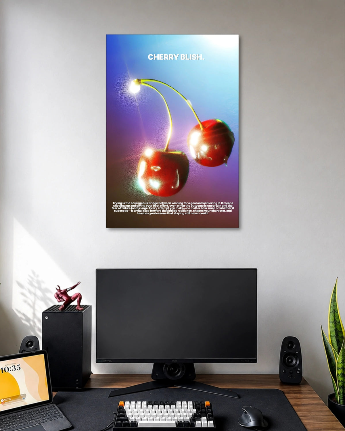 Cherry Bliss Aesthetic Cherry Poster poster design: A vibrant cherry poster featuring two glossy red cherries against a dreamy blue and purple gradient. The bold lighting and playful aesthetic make it a standout choice for modern rooms and creative spaces.