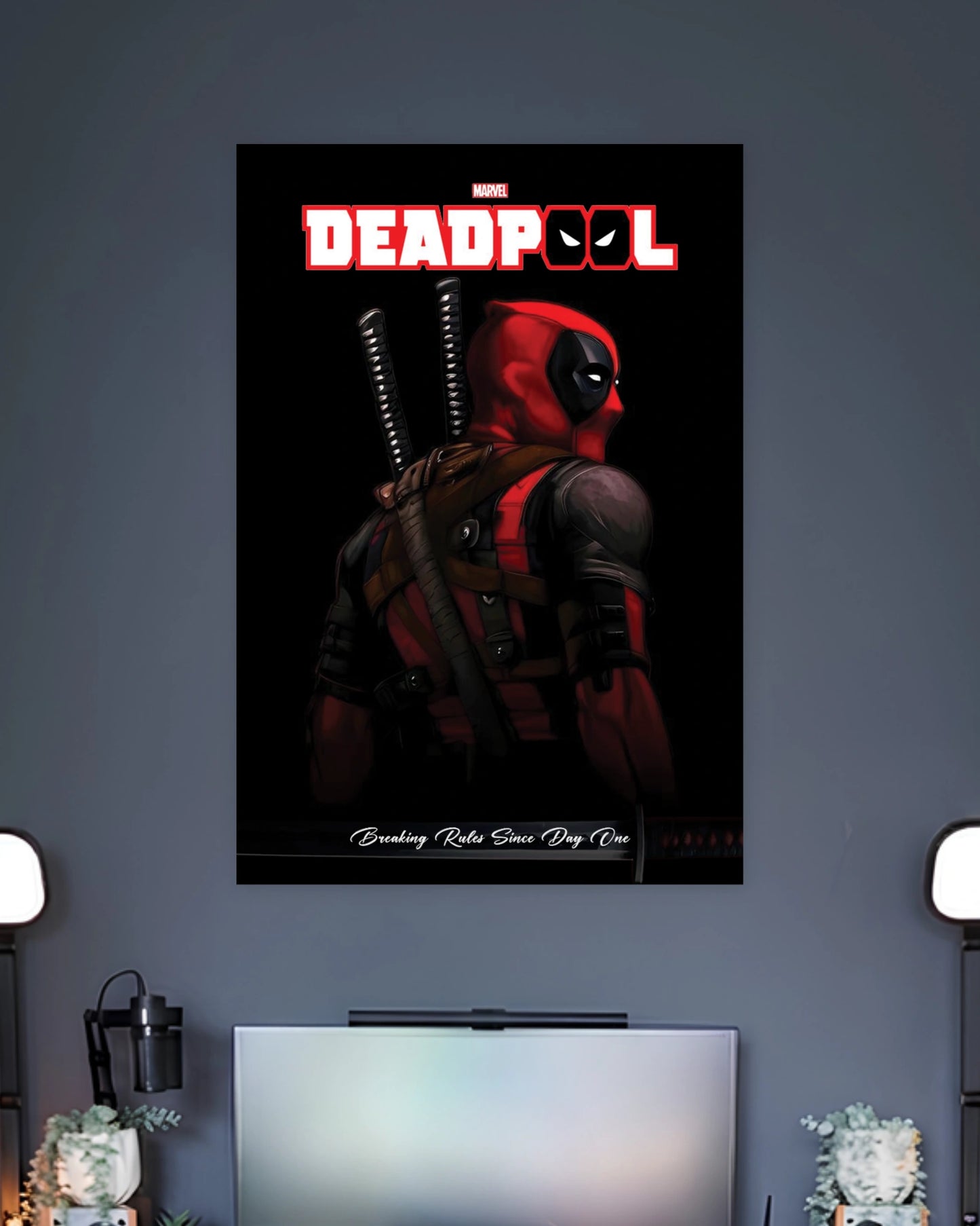 Deadpool Marvel Superhero Poster wall poster displayed in a contemporary interior setting 2