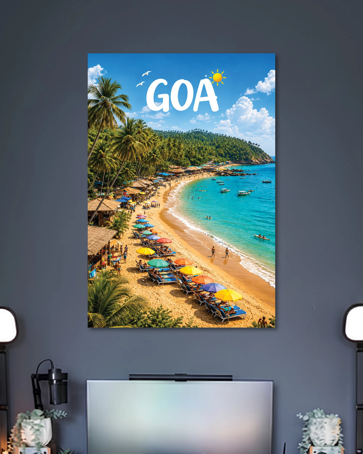 Goa Tropical Beach Poster poster design: Bring the laid-back charm of Goa to your walls with this tropical beach poster. Golden sand, turquoise water, swaying palm trees and colourful umbrellas create a bright coastal scene. Perfect for beach lovers and holiday-inspired interiors.