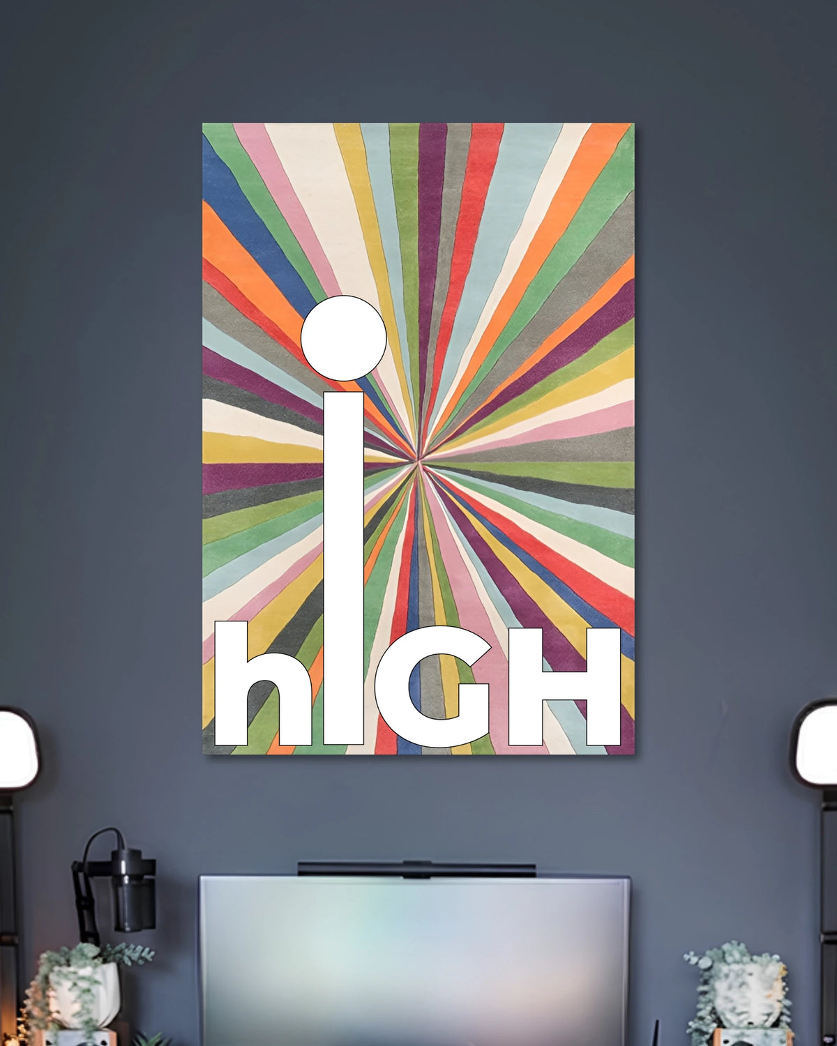 High Multicoloured Typography Poster poster design: Oversized white “high” lettering stands out against vibrant multicoloured stripes radiating from the centre. The playful retro inspired design creates a bold visual statement for bedrooms, workspaces and creative corners.