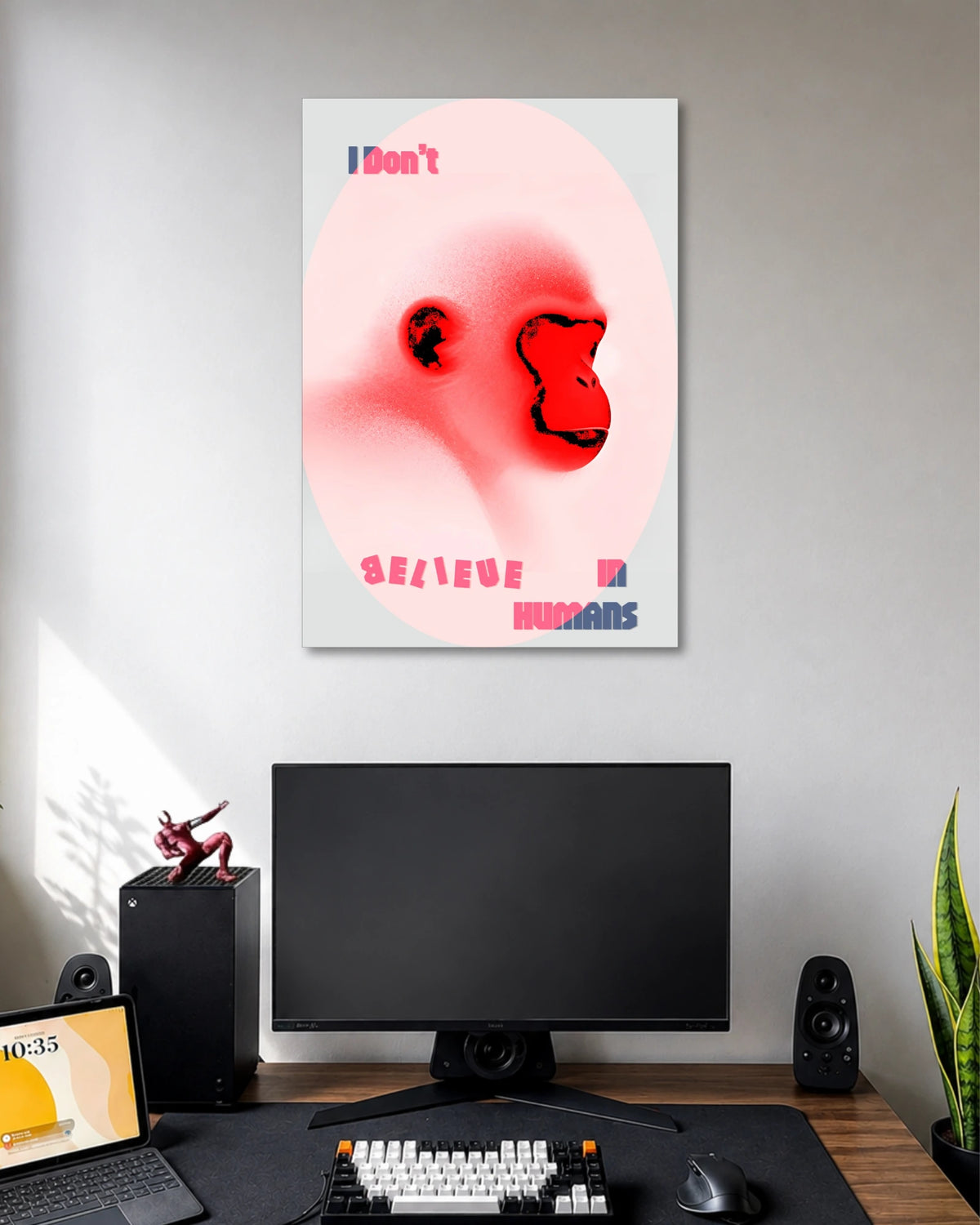 I Don't Believe in Humans Monkey Art Poster poster design: A surreal monkey portrait in vivid red and pink tones, paired with bold typography reading “I Don’t Believe in Humans.” An edgy, humorous design for unconventional spaces.