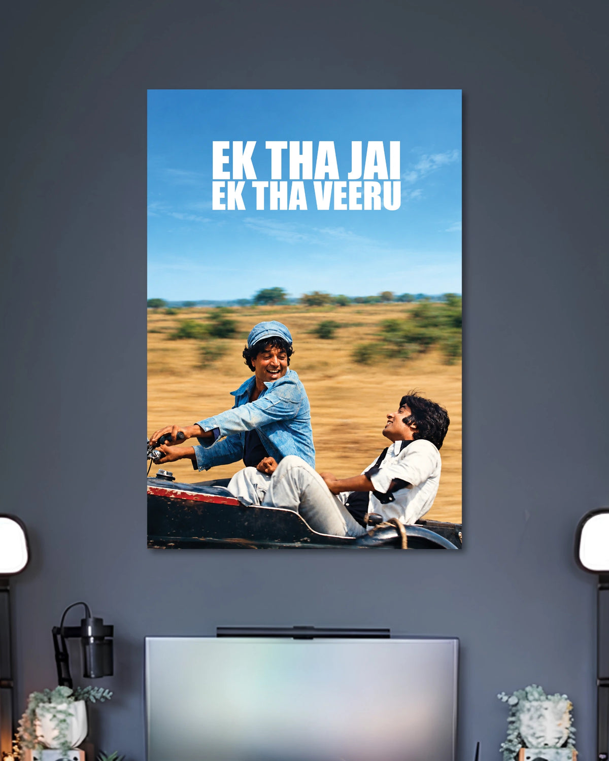 Ek Tha Jai Ek Tha Veeru Friendship Poster poster design: Two men share a cheerful ride through an open landscape beneath the words “Ek Tha Jai Ek Tha Veeru.” The sunny setting and friendship themed design evoke classic Bollywood nostalgia and memorable movie duos.