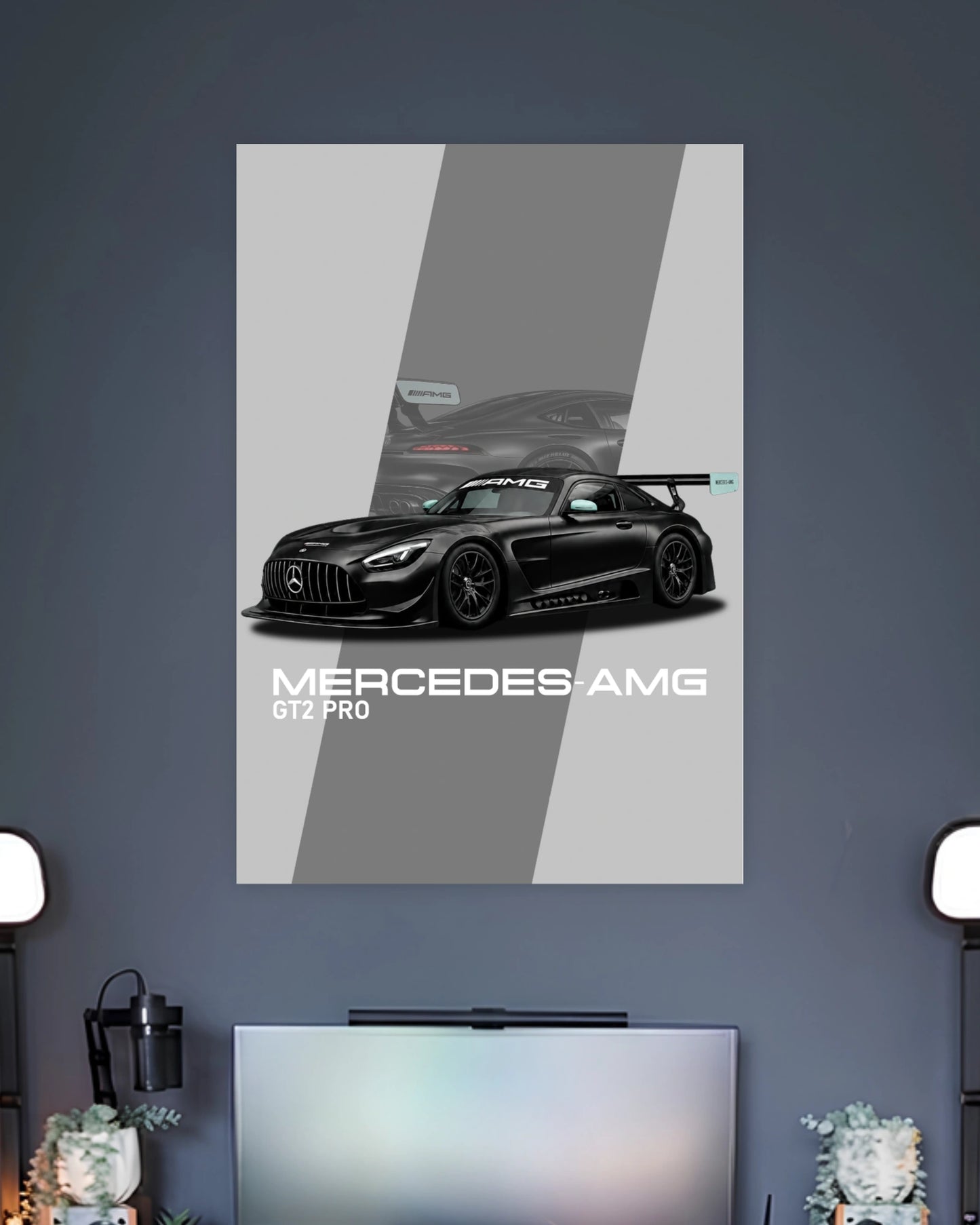 Mercedes-AMG GT2 PRO Sports Car Poster wall poster displayed in a contemporary interior setting 2