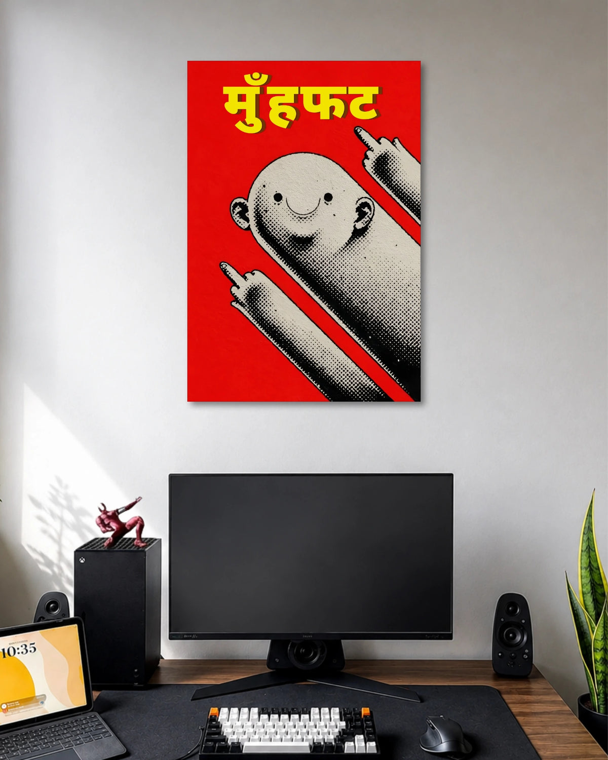 Muhfat Dark Humour Poster poster design: A smiling, elongated character raises both middle fingers against a bright red background. Yellow Hindi lettering reading “मुंहफट” sits above the figure, while black and white halftone shading gives the illustration a vintage comic book appearance.