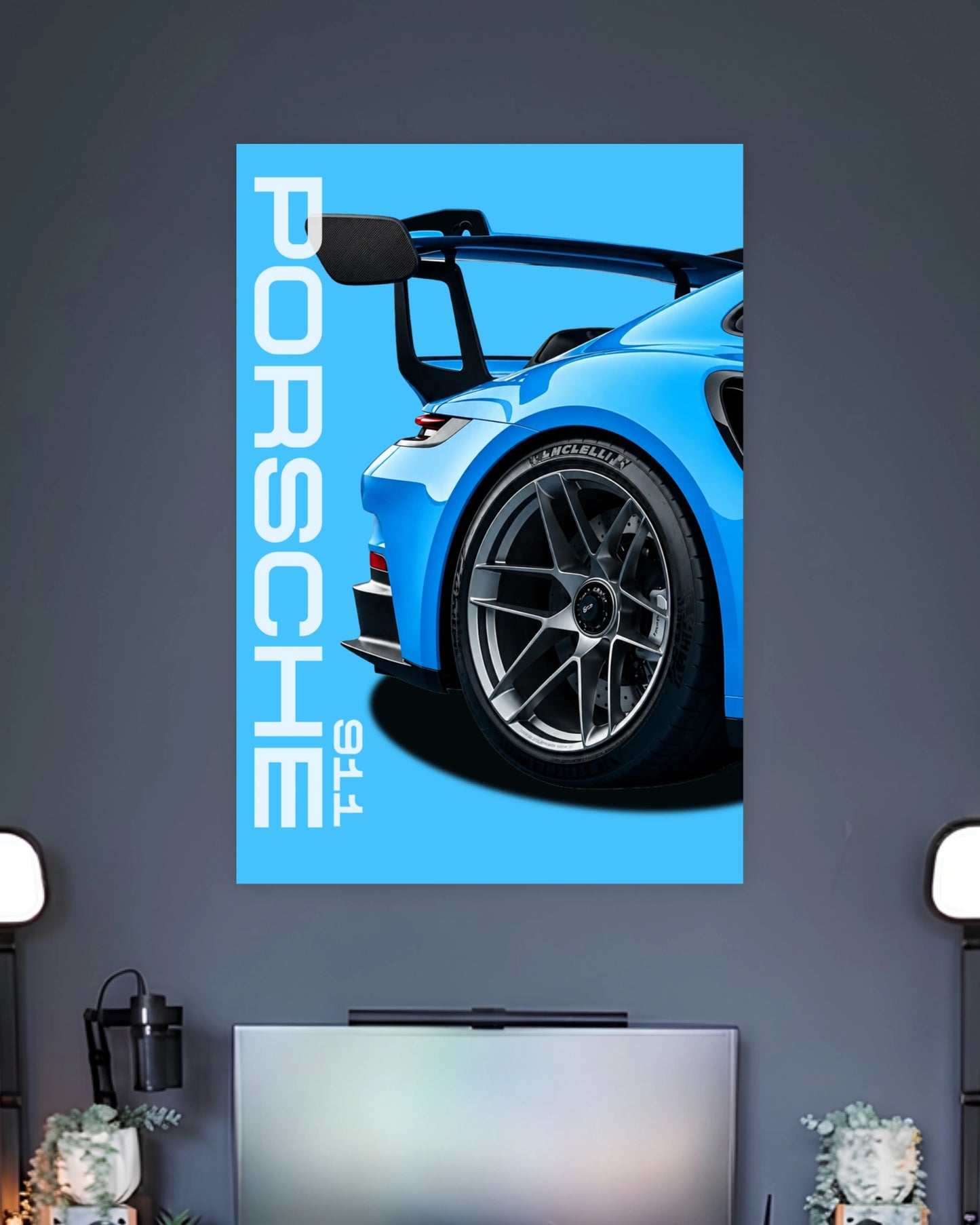 Porsche 911 GT3 RS Sports Car Poster wall poster displayed in a contemporary interior setting 2