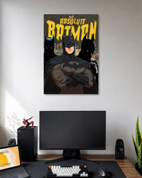 Dark comic-style poster of Batman with crossed arms and a black cape beneath weathered yellow ABSOLUTE BATMAN lettering.