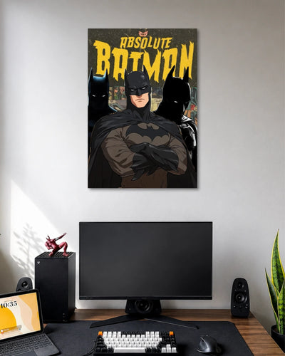 Dark comic-style poster of Batman with crossed arms and a black cape beneath weathered yellow ABSOLUTE BATMAN lettering.