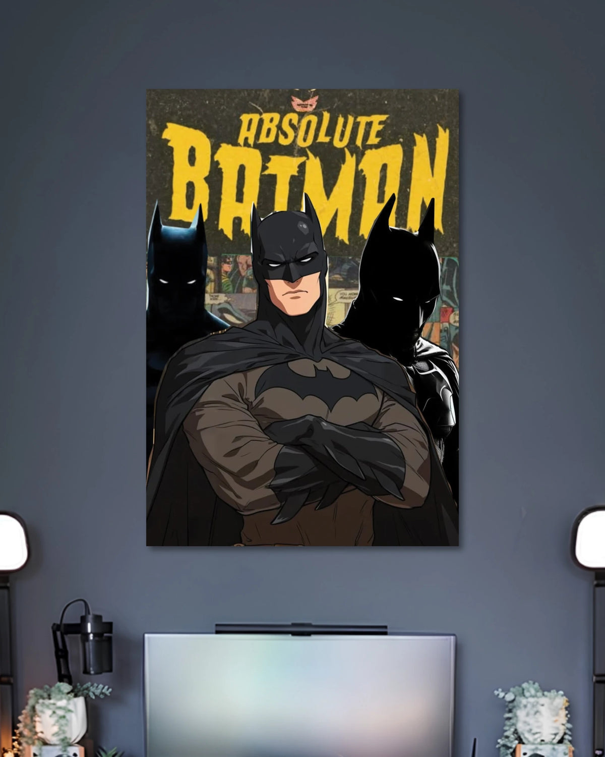 Dark comic-style poster of Batman with crossed arms and a black cape beneath weathered yellow ABSOLUTE BATMAN lettering.