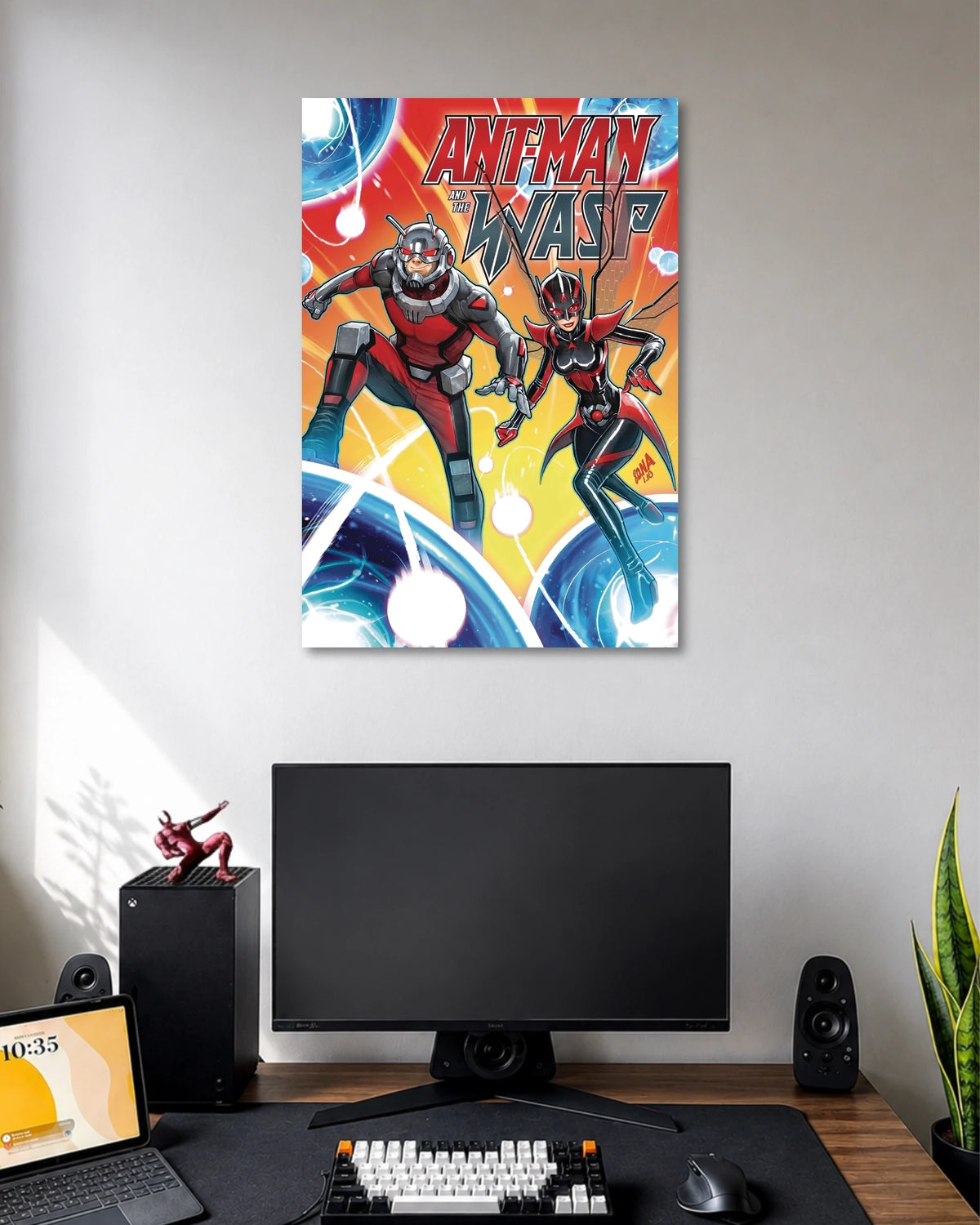 Comic illustration of Ant-Man and the Wasp flying through blue glowing rings beneath ANT-MAN AND THE WASP lettering.
