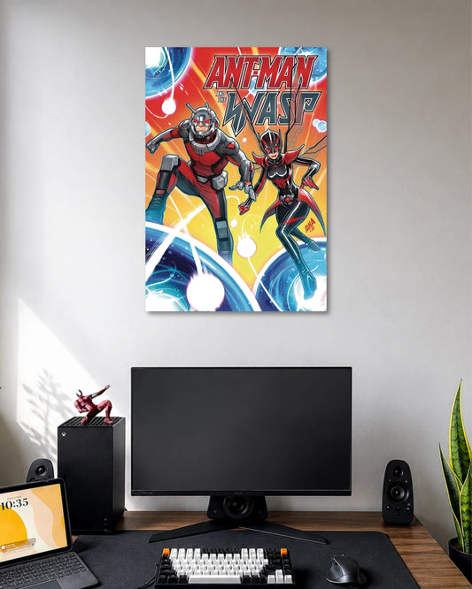 Comic illustration of Ant-Man and the Wasp flying through blue glowing rings beneath ANT-MAN AND THE WASP lettering.