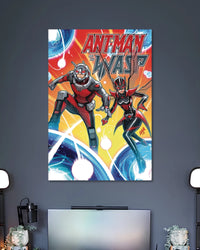 Comic illustration of Ant-Man and the Wasp flying through blue glowing rings beneath ANT-MAN AND THE WASP lettering.