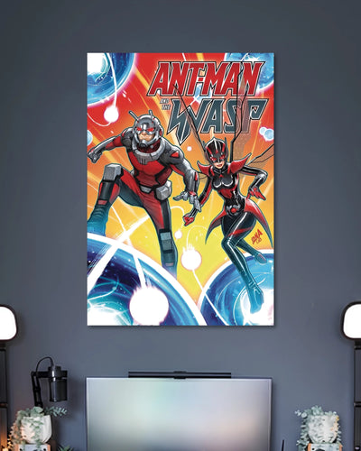 Comic illustration of Ant-Man and the Wasp flying through blue glowing rings beneath ANT-MAN AND THE WASP lettering.