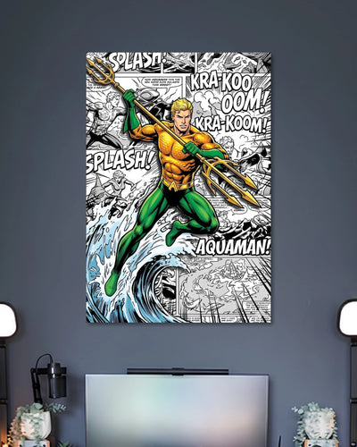 Aquaman in an orange top and green trousers holding a golden trident above a crashing wave with comic sound-effect lettering.