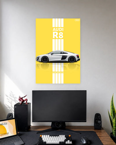 Audi R8 Yellow Stripes Poster wall poster displayed in a modern minimalist workspace setup 1