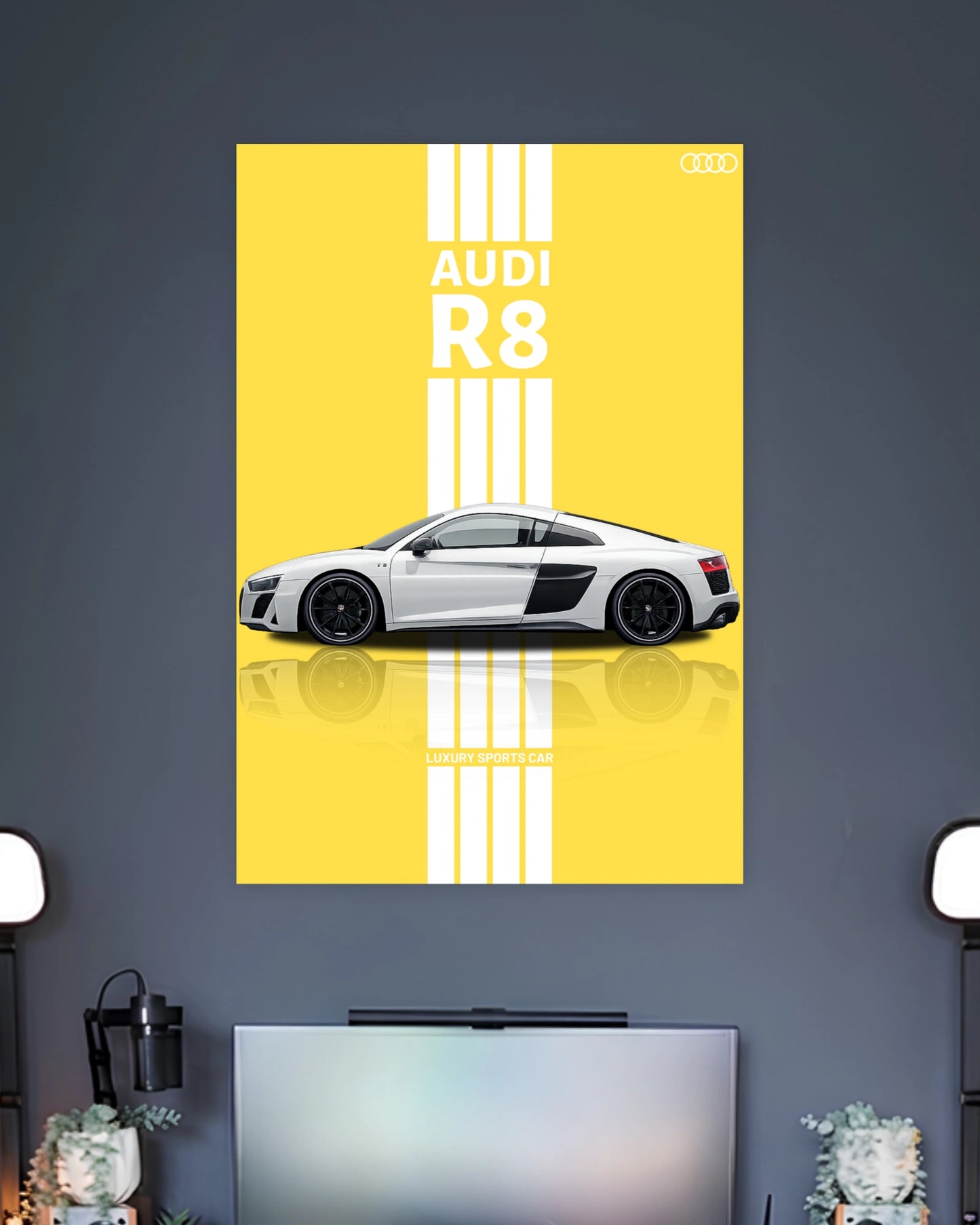 Audi R8 Yellow Stripes Poster wall poster displayed in a contemporary interior setting 2