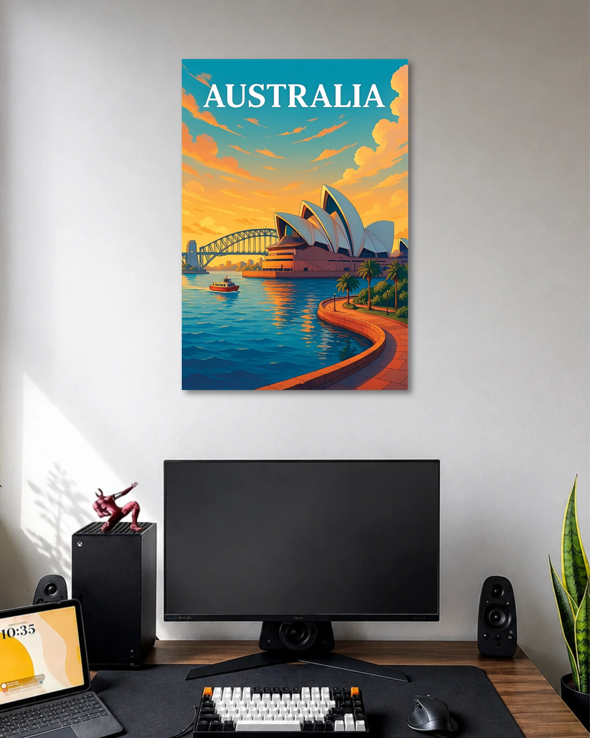 Australia Sydney Travel Poster poster design: Bring Australia's iconic harbour to your wall with this travel poster featuring the Sydney Opera House and Harbour Bridge. Warm sunset tones reflect across the water, creating a scenic design for travel lovers and modern interiors.