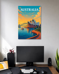 Australia Sydney Travel Poster poster design: Bring Australia's iconic harbour to your wall with this travel poster featuring the Sydney Opera House and Harbour Bridge. Warm sunset tones reflect across the water, creating a scenic design for travel lovers and modern interiors.