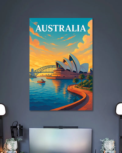 Australia Sydney Travel Poster poster design: Bring Australia's iconic harbour to your wall with this travel poster featuring the Sydney Opera House and Harbour Bridge. Warm sunset tones reflect across the water, creating a scenic design for travel lovers and modern interiors.