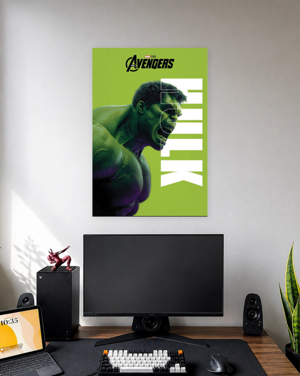 Hulk Avengers Minimal Marvel Poster wall poster displayed in a modern minimalist workspace setup 1
