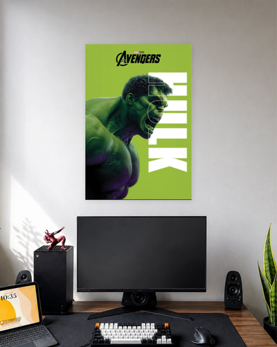 Hulk Avengers Minimal Marvel Poster wall poster displayed in a modern minimalist workspace setup 1