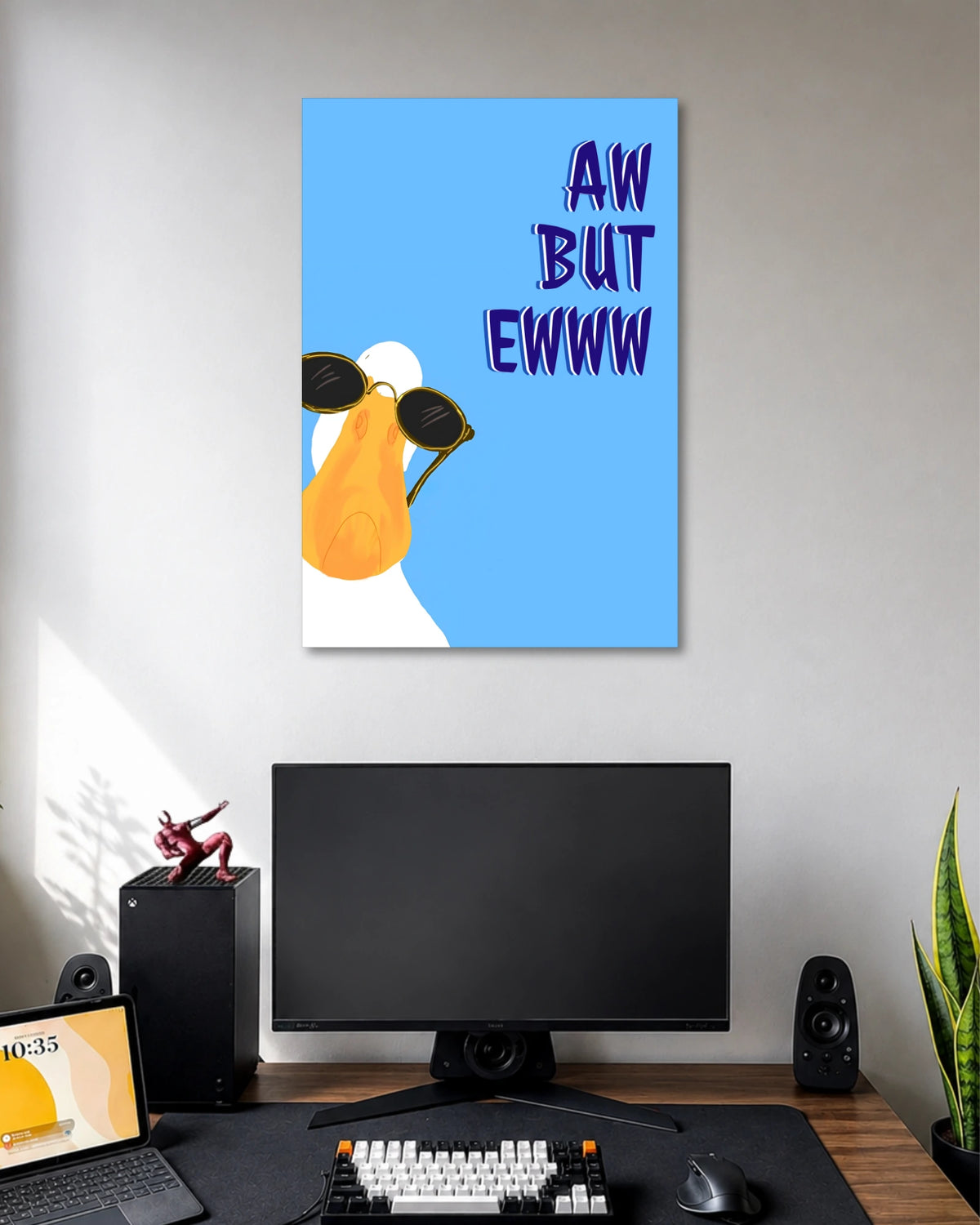 Aw But Ewww Funny Pear Poster poster design: A sunglasses wearing pear stands against a bright blue background alongside the phrase “Aw But Ewww.” The quirky illustration adds a playful pop culture touch to bedrooms, workspaces, and creative corners.