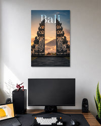 Bali Temple Sunset Travel Poster poster design: Capture Bali's stunning atmosphere with this scenic travel poster. Traditional split temple gates frame a mountain rising above the clouds, illuminated by a warm sunset. Ideal for travel enthusiasts and anyone looking to add an adventurous feel to their space.