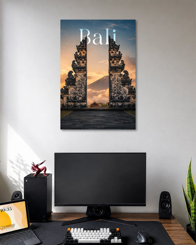 Bali Temple Sunset Travel Poster poster design: Capture Bali's stunning atmosphere with this scenic travel poster. Traditional split temple gates frame a mountain rising above the clouds, illuminated by a warm sunset. Ideal for travel enthusiasts and anyone looking to add an adventurous feel to their space.