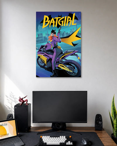 Comic illustration of Batgirl wearing purple and yellow while sitting on a purple motorcycle in front of a blue cityscape.