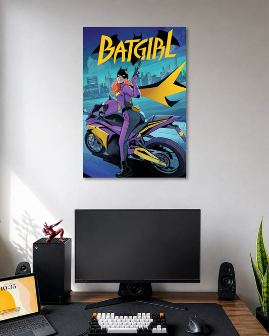 Comic illustration of Batgirl wearing purple and yellow while sitting on a purple motorcycle in front of a blue cityscape.