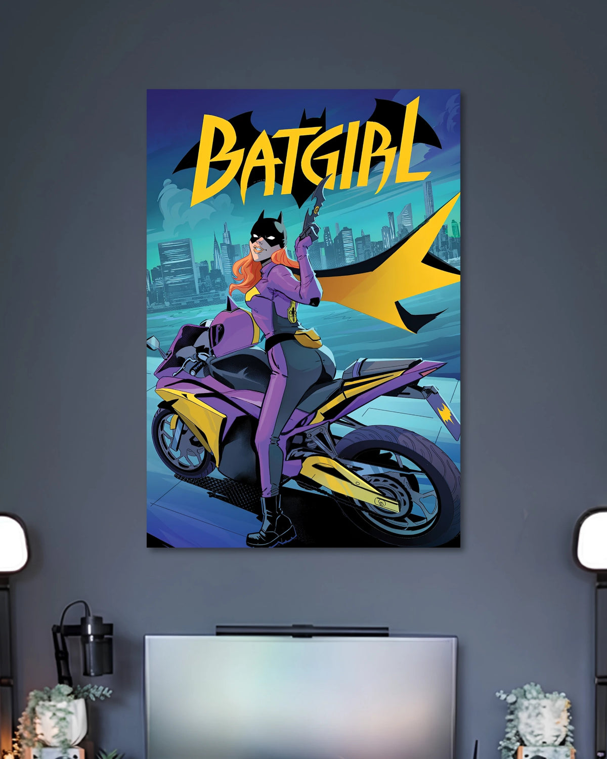 Comic illustration of Batgirl wearing purple and yellow while sitting on a purple motorcycle in front of a blue cityscape.