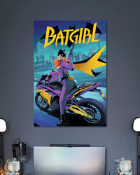 Comic illustration of Batgirl wearing purple and yellow while sitting on a purple motorcycle in front of a blue cityscape.