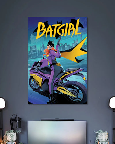 Comic illustration of Batgirl wearing purple and yellow while sitting on a purple motorcycle in front of a blue cityscape.