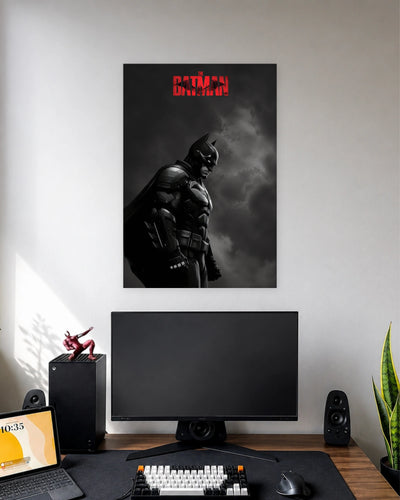 Batman Dark Knight Superhero Poster wall poster displayed in a modern minimalist workspace setup 1