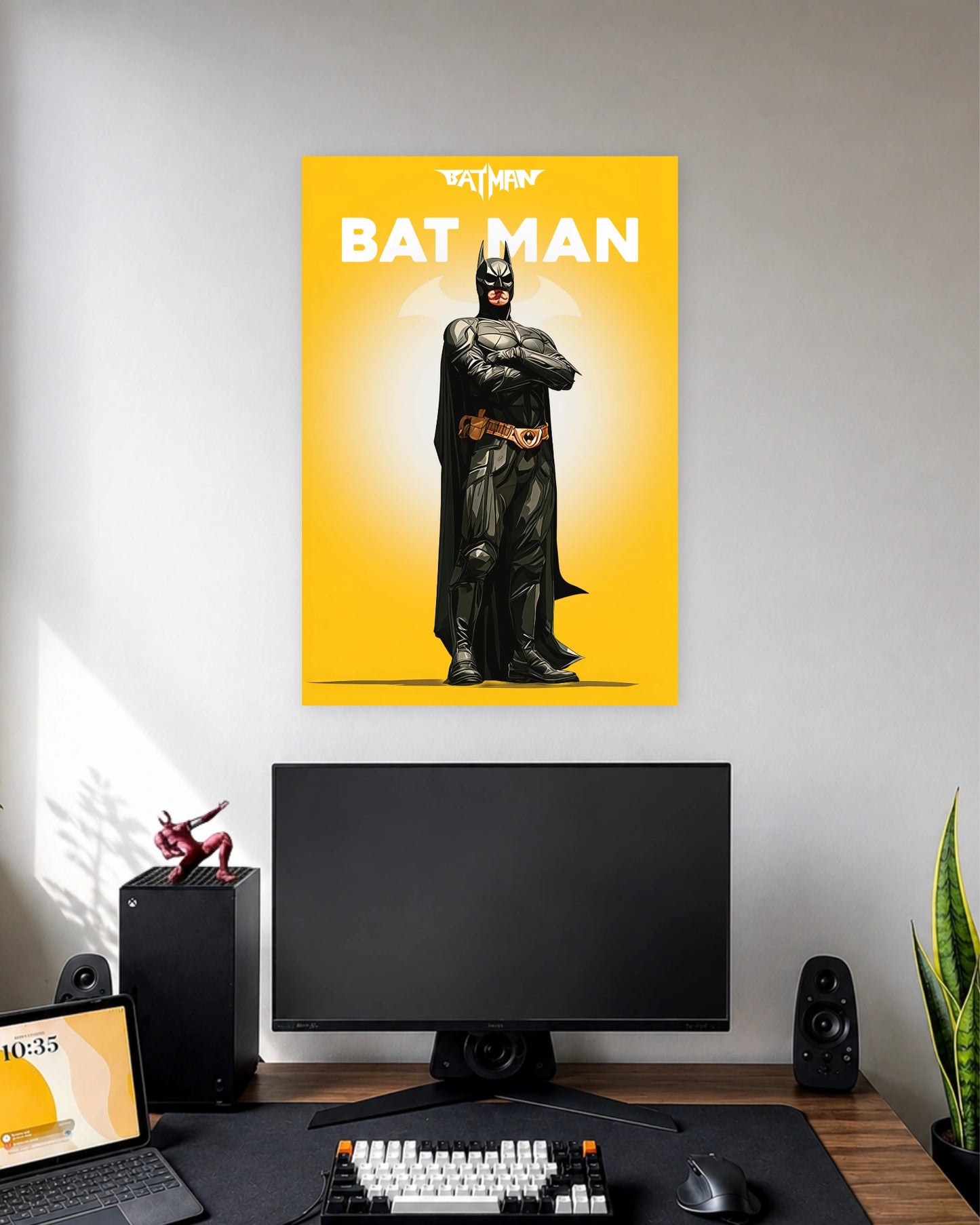 Batman Minimal Superhero Poster wall poster displayed in a modern minimalist workspace setup 1
