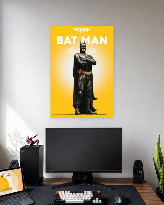 Batman Minimal Superhero Poster wall poster displayed in a modern minimalist workspace setup 1