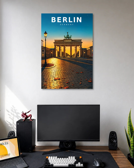Berlin Brandenburg Gate Poster poster design: Capture the atmosphere of Berlin with this sunset travel poster featuring the iconic Brandenburg Gate. Golden light reflects across the cobblestone plaza while the blue and orange sky frames the historic landmark. A great fit for travel-inspired interiors.
