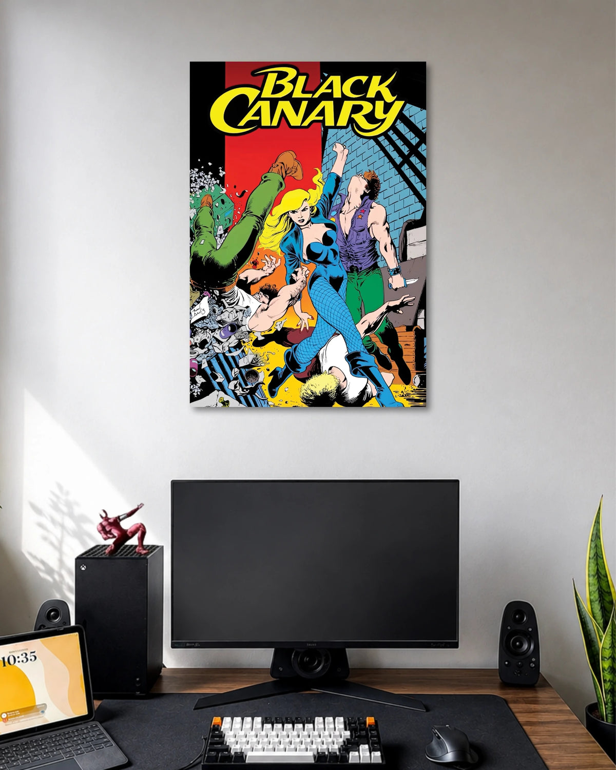 Vintage comic poster with Black Canary in blue and fishnet tights among other comic characters beneath a yellow BLACK CANARY logo.