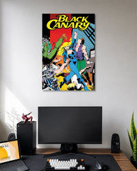 Vintage comic poster with Black Canary in blue and fishnet tights among other comic characters beneath a yellow BLACK CANARY logo.