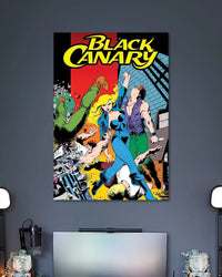 Vintage comic poster with Black Canary in blue and fishnet tights among other comic characters beneath a yellow BLACK CANARY logo.