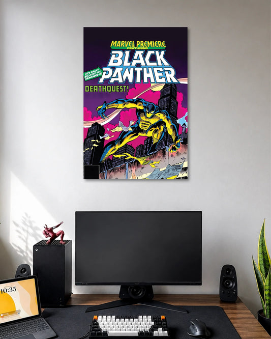Vintage-style Black Panther DEATHQUEST comic cover with a leaping yellow-and-black costumed figure against a purple city.