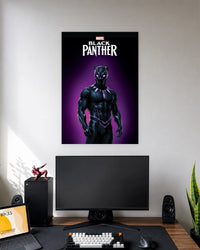 Black Panther Purple Glow Poster wall poster displayed in a modern minimalist workspace setup 1