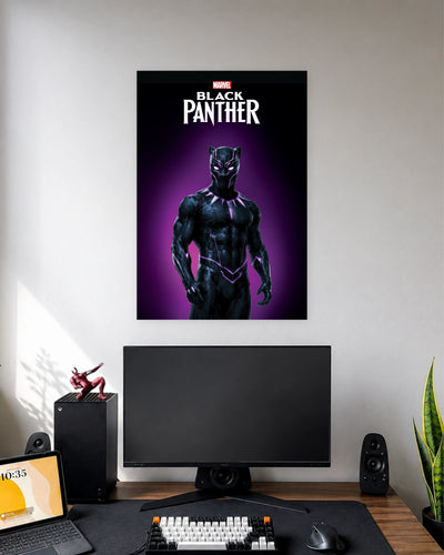 Black Panther Purple Glow Poster wall poster displayed in a modern minimalist workspace setup 1