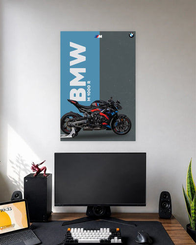 BMW M1000R Side Profile Poster wall poster displayed in a modern minimalist workspace setup 1