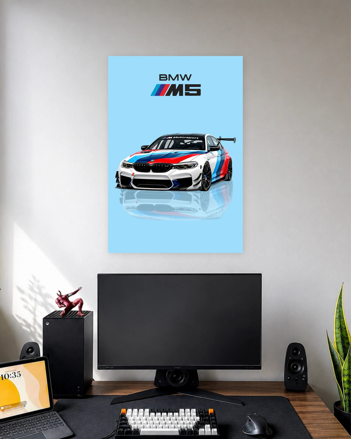 BMW M5 Motorsport Poster wall poster displayed in a modern minimalist workspace setup 1