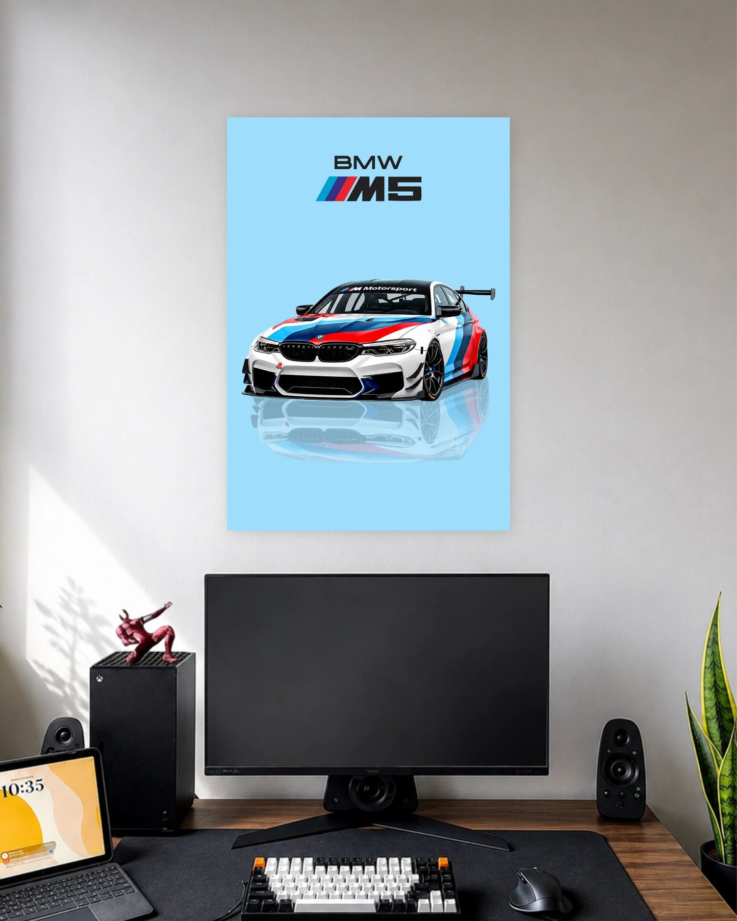BMW M5 Motorsport Poster wall poster displayed in a modern minimalist workspace setup 1