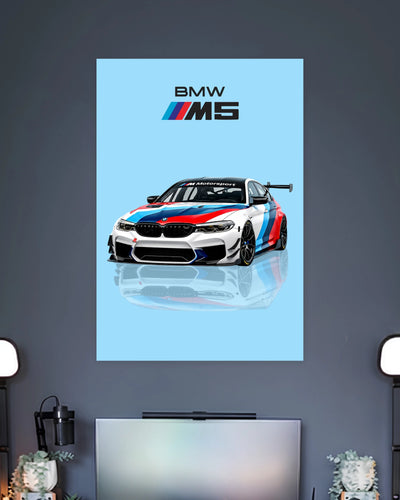 BMW M5 Motorsport Poster wall poster displayed in a contemporary interior setting 2