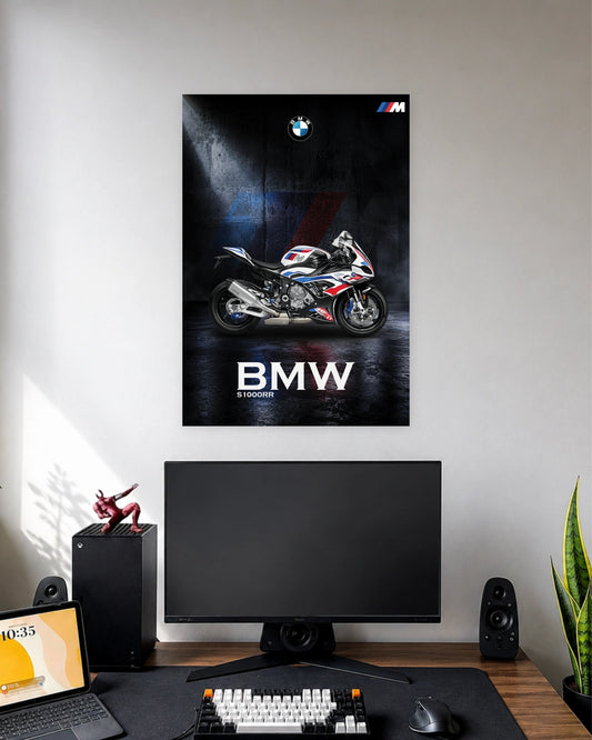 BMW S1000RR Superbike Poster wall poster displayed in a modern minimalist workspace setup 1